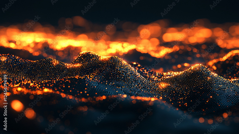 Aufkleber illuminated abstract landscape with glowing particles creating waves of orange and black hues agains