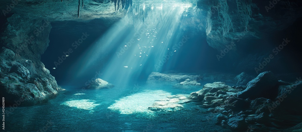 Poster underwater cave scene with gentle light rays illuminating clear water and rocky seabed, enhancing vi