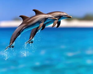 Fototapeta premium Two dolphins leap gracefully over a vibrant blue ocean, showcasing playful marine life in a stunning natural setting.