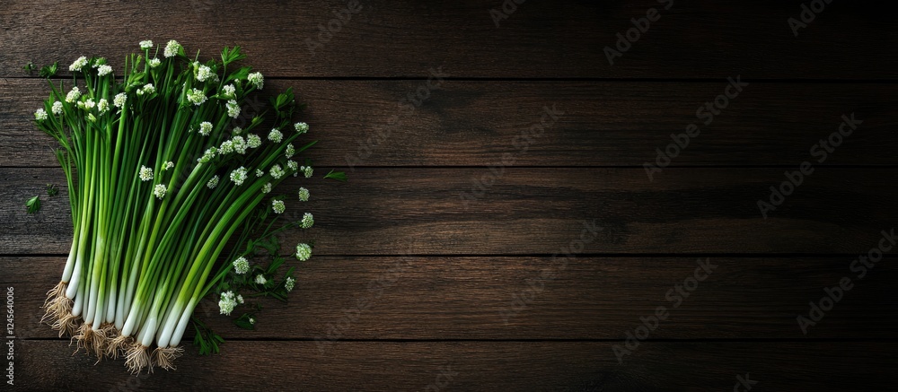 Poster Fresh spring onions artfully arranged on a dark wooden background positioned on the left, creating ample space on the right for versatile culinary uses.