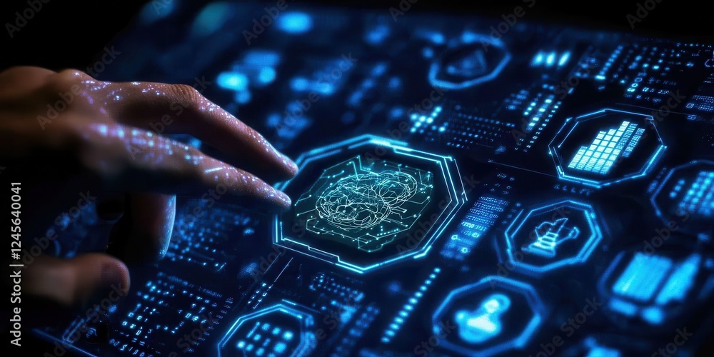 Poster hand touching futuristic digital interface with glowing data visualizations and technology symbols r