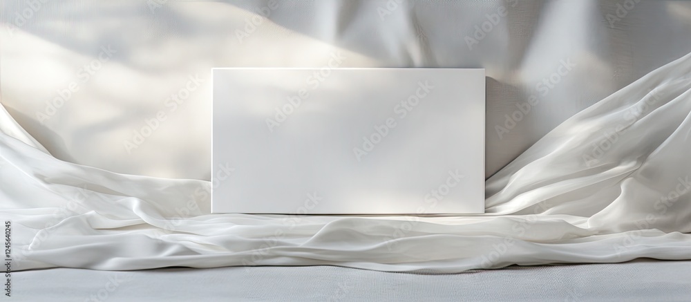 Poster minimalist blank canvas in a white frame centered on soft gray fabric background with subtle light h