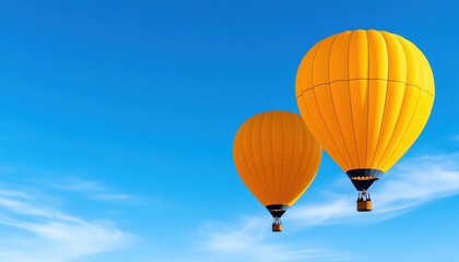Naklejka premium Two vibrant yellow hot air balloons gracefully soaring through a clear blue sky, perfect for adventure themes.