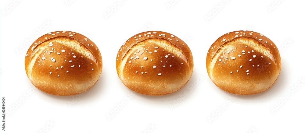 Aufkleber Golden brown sesame seed bread buns arranged in a row on a clean white background emphasizing their crispy texture and appetizing appearance.