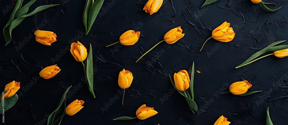 Poster yellow tulips scattered on a dark textured background with green leaves arranged artistically creati
