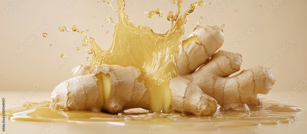 Poster fresh ginger roots with vibrant yellow liquid splashing around on a light beige background showcasin
