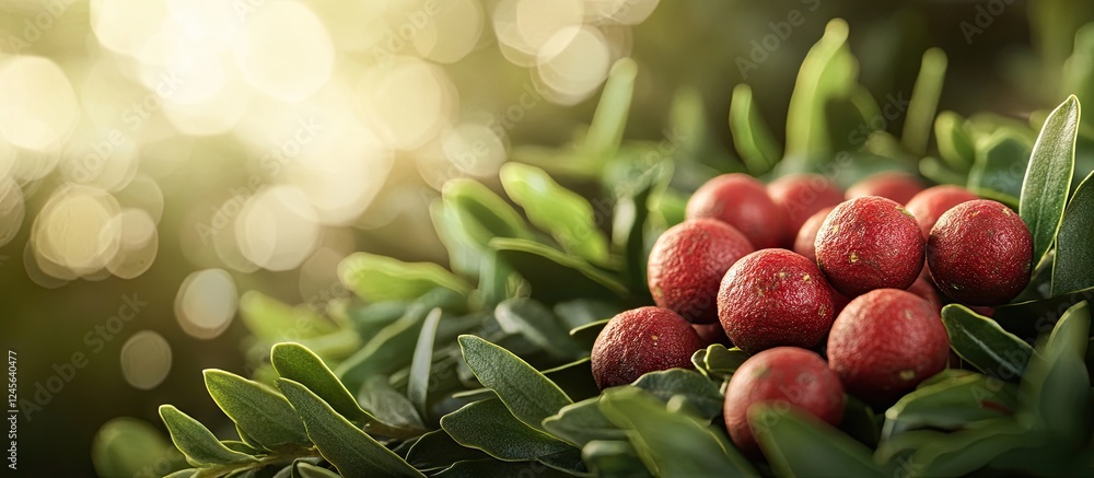 Aufkleber vibrant red nutmeg beads displayed on lush green evergreen sprigs with a soft glowing background cre