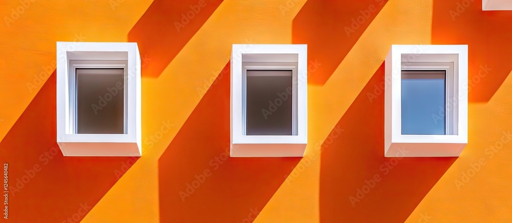 Fototapete Three white windows aligned horizontally on a vibrant orange wall, enhanced by soft shadows, creating a dynamic and modern architectural composition.