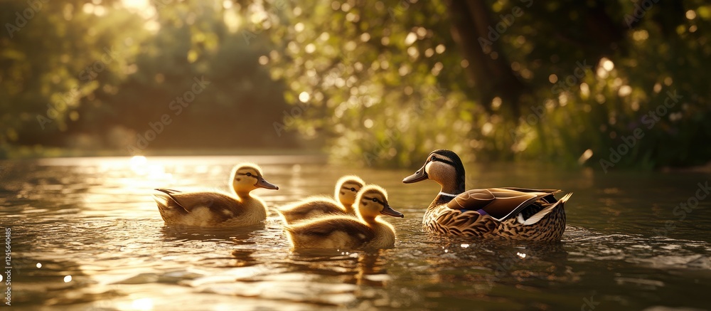 Poster serene lake view with a family of four ducks swimming gracefully in soft golden light surrounded by 