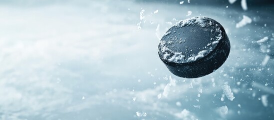 Frozen hockey puck gliding above the icy surface with a cool blue background highlighting motion and dynamic energy in sports.