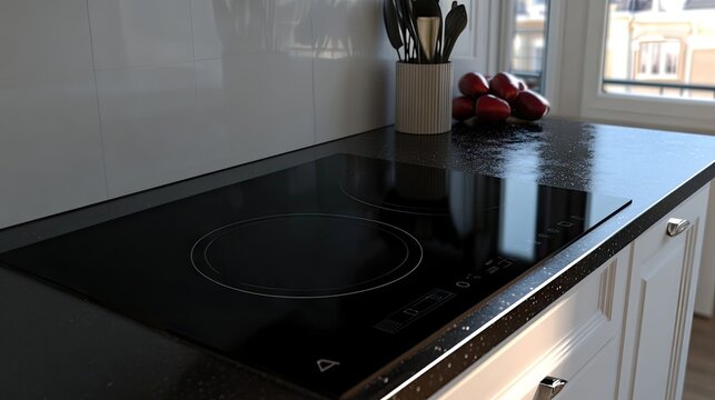 A sleek induction stove being cleaned first before handling countertop items.