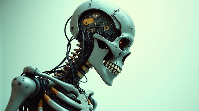 A futuristic biomechanical skeleton, showcasing a fusion of anatomy and technology in a modern, sterile environment, with metallic joints and limbs, evoking a sense of eeriness and unease.