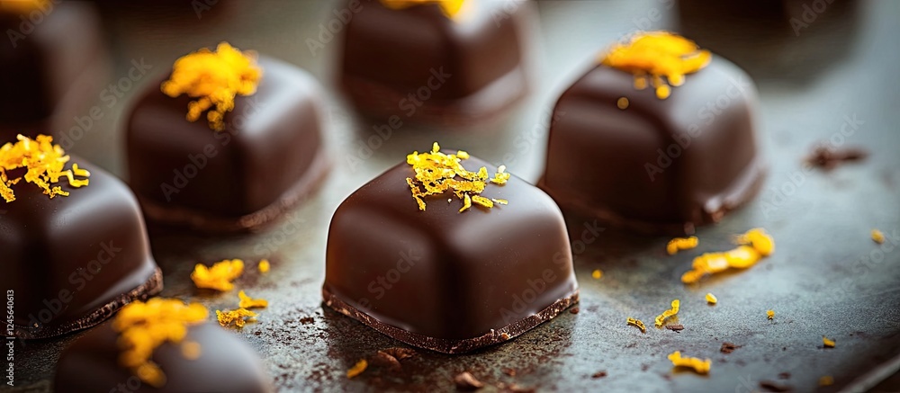 Poster chocolate squares garnished with bright orange zest on a dark surface showcasing a rich cocoa color 