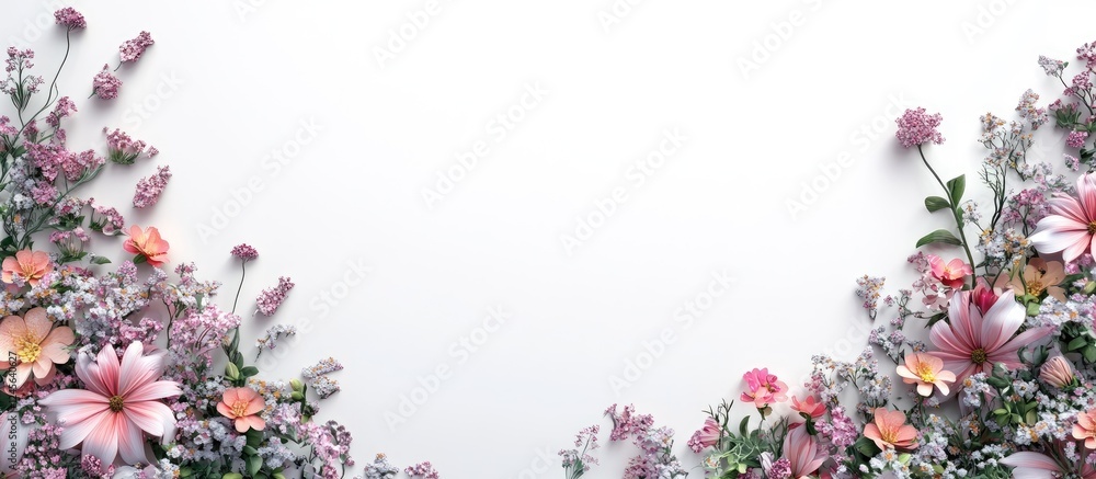 Aufkleber floral corner arrangement with pink and purple flowers against a clean white background creating an 