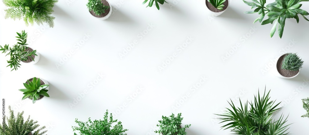 Aufkleber Top view of minimalistic home plant arrangement featuring diverse green plants in white pots on a bright white background creating an organized layout