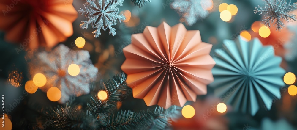 Poster festive close-up of colorful paper decorations in peach, teal, and snowflakes with warm glowing boke