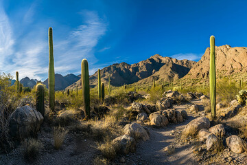 Scenic desert terrain featuring towering cacti and rocky mountains, illuminated by bright sunlight in a natural setting. Generative AI