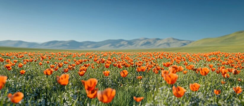 Vibrant orange mountain poppies in a lush green field under a clear blue sky with distant mountains creating a serene picturesque landscape.