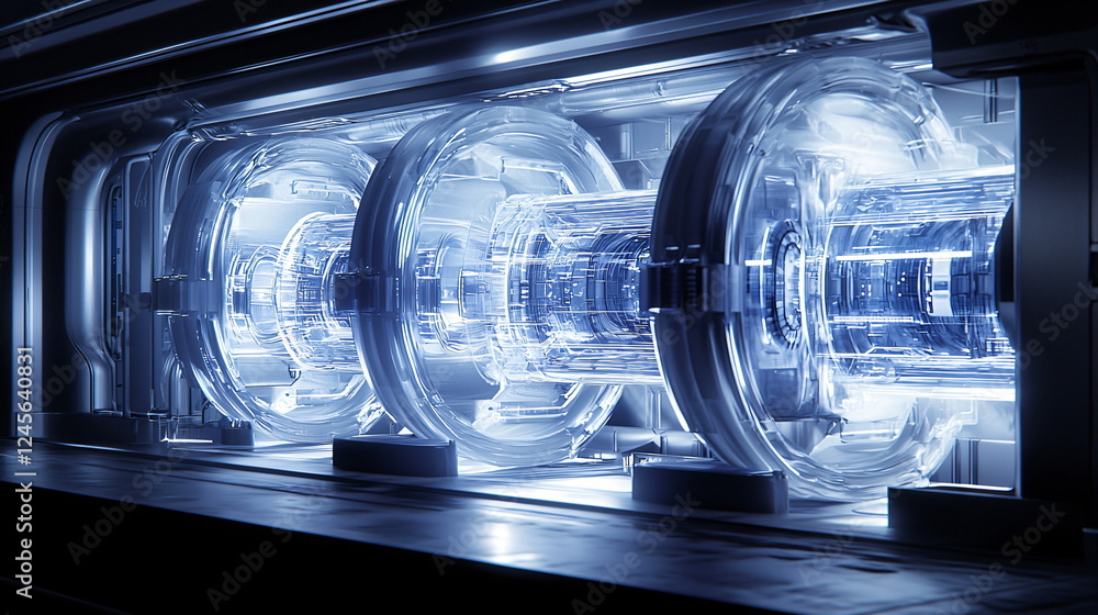 Poster high-tech transparent energy core with glowing blue light and intricate glass design integrated into