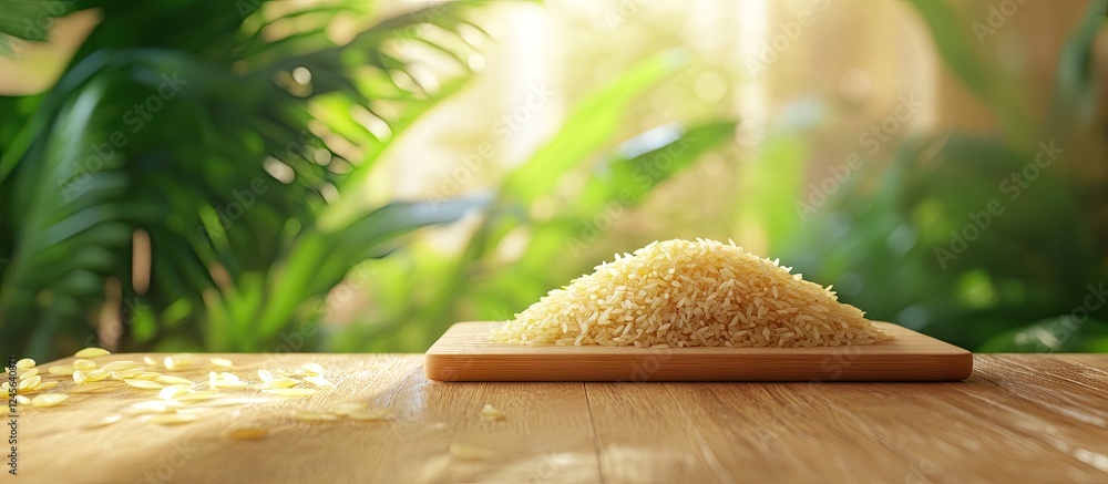 Poster golden heap of wineji rice displayed on a wooden tabletop with vibrant green leaves in the backgroun