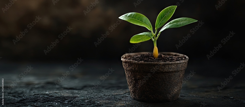 Poster avocado seed sprouting in a textured brown pot with rich soil displaying green leaves on a dark back