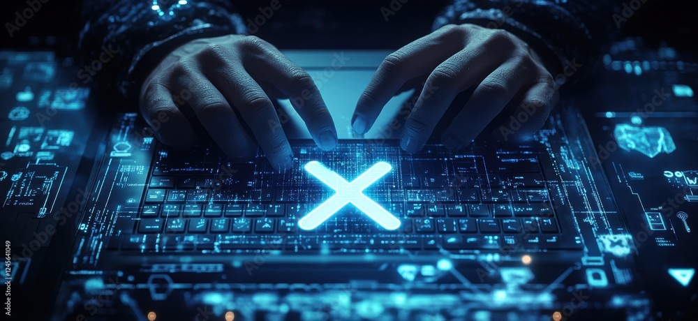 Aufkleber hands typing on a digital keyboard with glowing interface symbols, showcasing technology, data secur