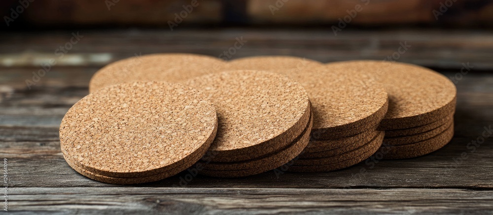 Poster stack of round cork coasters in warm beige tones positioned in a diagonal arrangement on a rustic wo