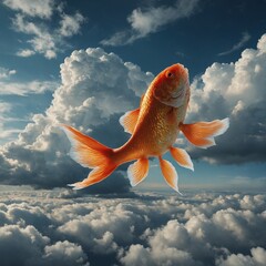"A surreal painting of a giant goldfish floating through the sky among fluffy clouds, its tail trailing like a comet."