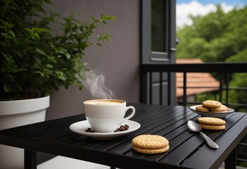 The balcony's terrace table contained steaming coffees and cookies
