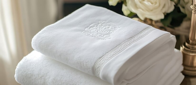 Elegant white cotton guest towels with delicate embroidery and personalized monogram stacked neatly, showcasing refined luxury and comfort.
