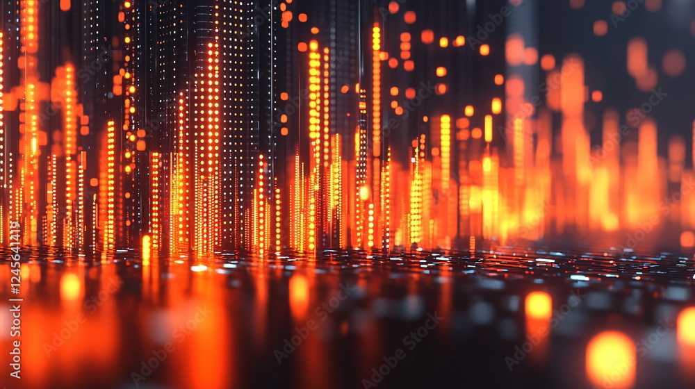 Poster bright orange glowing vertical lines resembling sound waves or data visualization against a dark bac