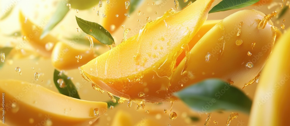 Poster Vibrant close-up of fresh mango slices and green leaves against a golden background with droplets of water creating a refreshing effect.