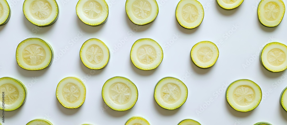 Poster freshly cut zucchini slices in circular arrangement, light green and pale yellow on a plain white ba