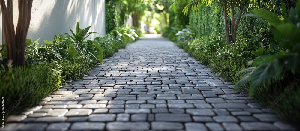 Leinwandbilder lush green plants line a serene gray cobblestone pathway inviting leisurely strolls with soft natura