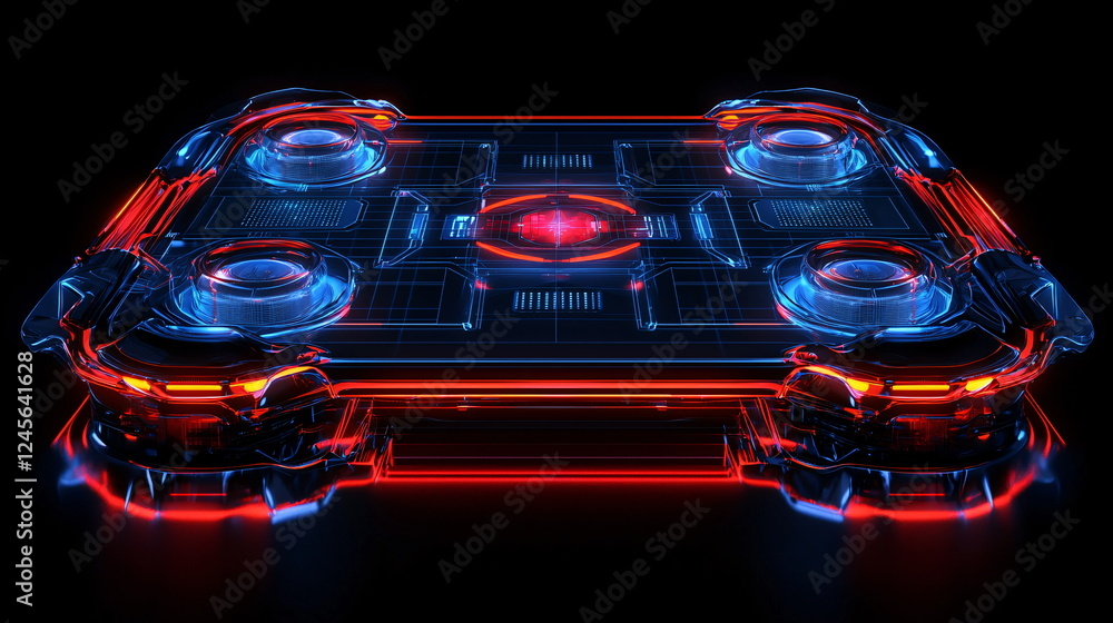Poster futuristic game table with neon lights and a sleek design, featuring glowing circles and a high-tech