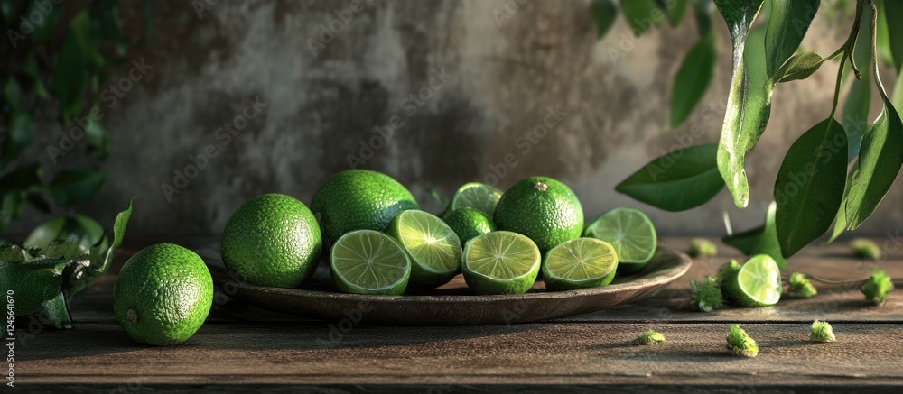 Poster Vibrant green limes sliced and whole elegantly displayed on a wooden table with lush greenery in the background creating a rustic natural ambiance
