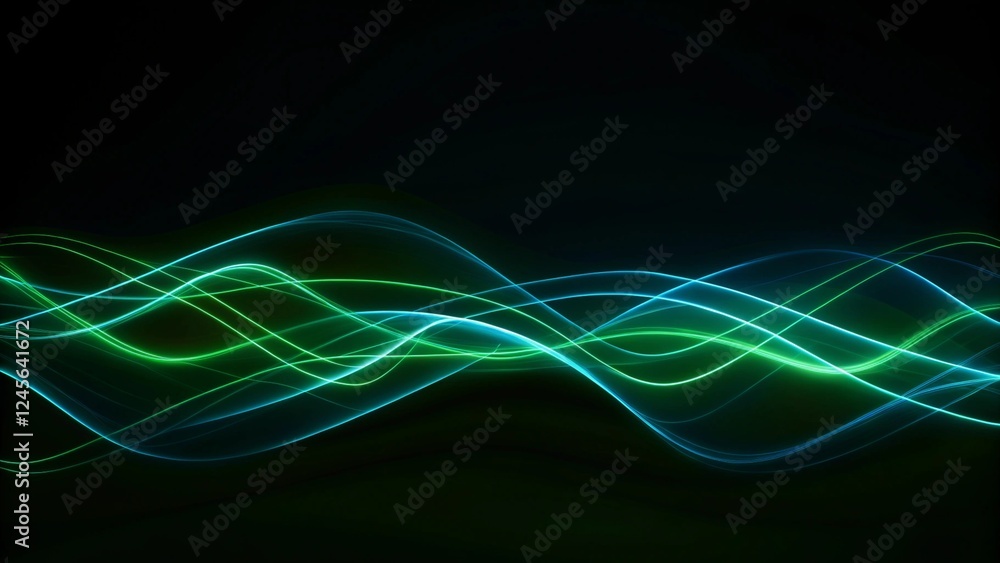 Poster Abstract green blue wave light effect in perspective. Magic luminous azure glow design element on dark background, flash luminosity, abstract neon motion glowing wavy lines. Digital swirl trail art