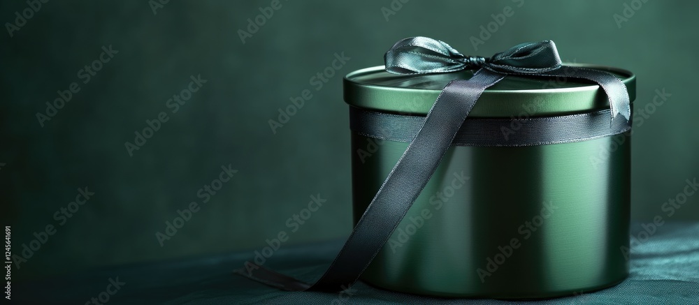 Poster elegant forest green gift tin can with a glossy black ribbon positioned prominently against a dark g