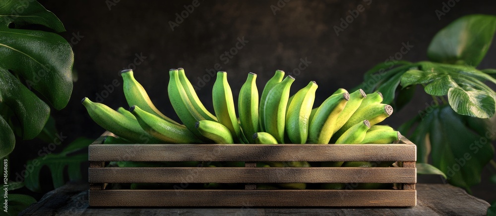 Aufkleber vibrant green bananas stacked in a wooden crate on a dark table background surrounded by lush green 
