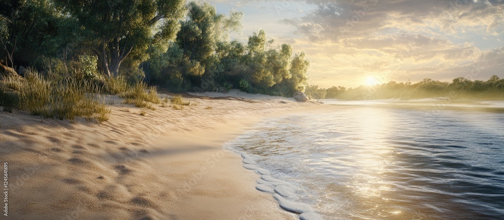 Aufkleber serene sandy beach at sunrise with gentle waves lapping the shore surrounded by lush green trees and