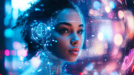 Fototapeta premium A modern lady interacts with futuristic technology, engaging with holographic displays. The concept of innovation, artificial intelligence, and the evolution of human-technology interaction.