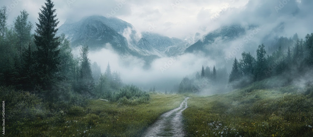 Poster serene misty mountain landscape with a winding dirt pathway leading through lush green fields and de
