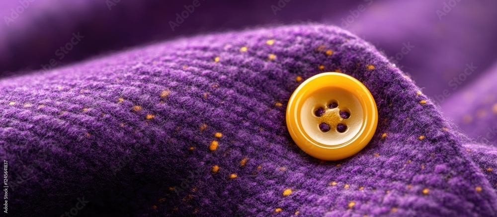 Poster Vibrant purple wool fabric with a focused yellow button on the right side creating a striking color contrast against the textured background.