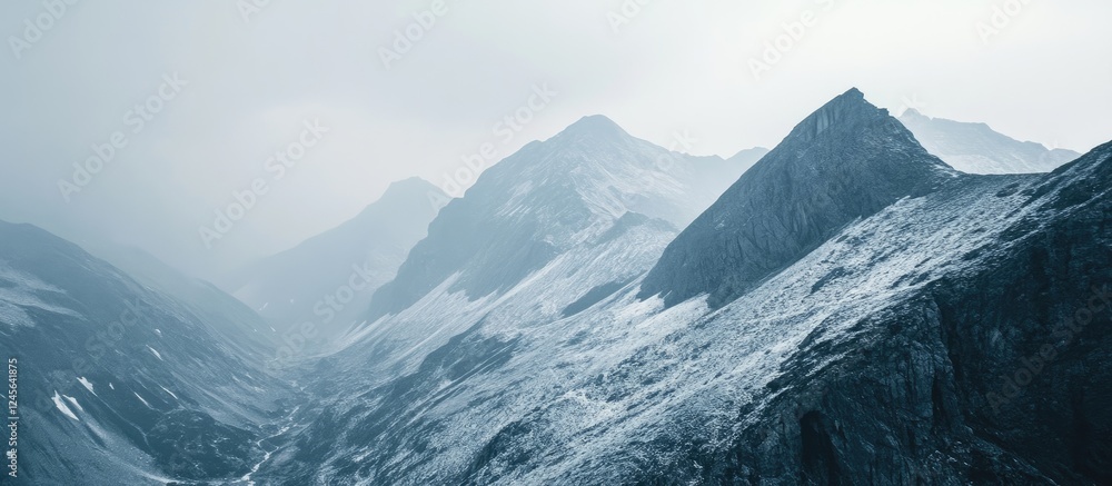 Aufkleber serene misty mountain landscape with layered gray and white peaks extending into a foggy sky, ideal 