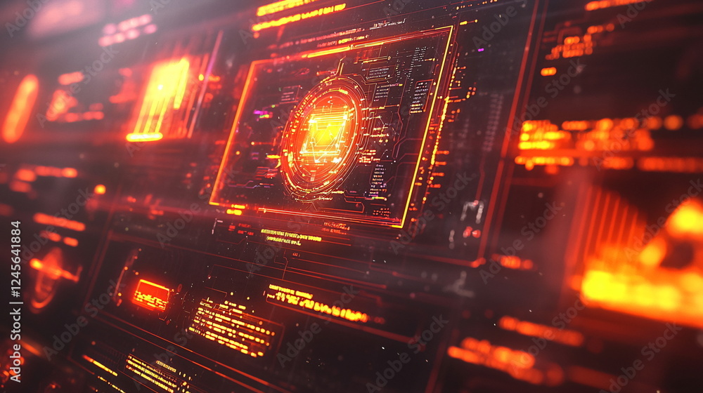 Poster futuristic digital interface with glowing orange graphics, data visualization, high-tech holographic