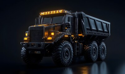 Powerful dump truck, off-road, dark background, construction, industrial use