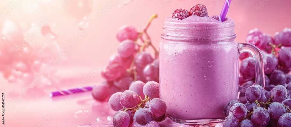 Poster refreshing purple grape smoothie in a glass jar surrounded by fresh grapes on a pink background with