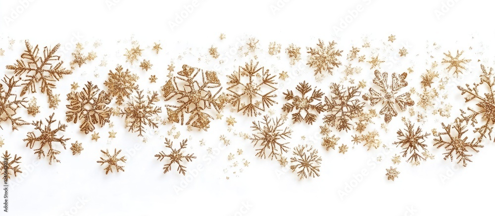 Poster Elegant horizontal arrangement of golden snowflakes on a pristine white background showcasing intricate designs and adding a festive charm to decor