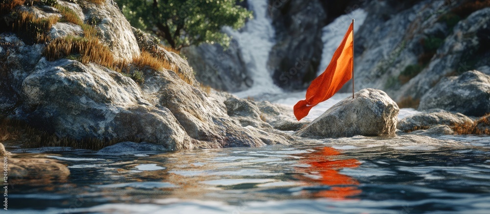 Aufkleber vibrant red flag draped over gray rocks in tranquil water with gentle ripples reflecting lush greene