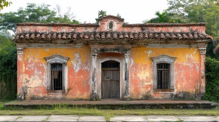 Abandoned Colonial House Facade in Tropical Setting